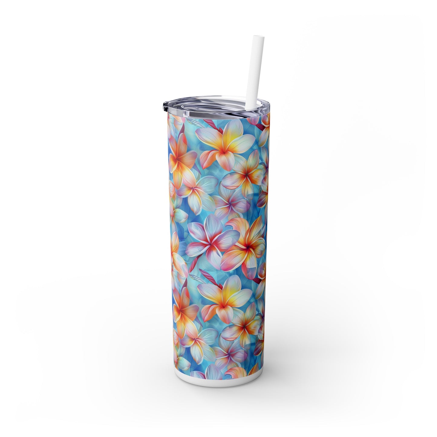 Stainless Steel Tumbler with Lid & Straw, 20 oz (Plumeria Liberty Print) Double-walled, Keeps Drinks Hot or Cold
