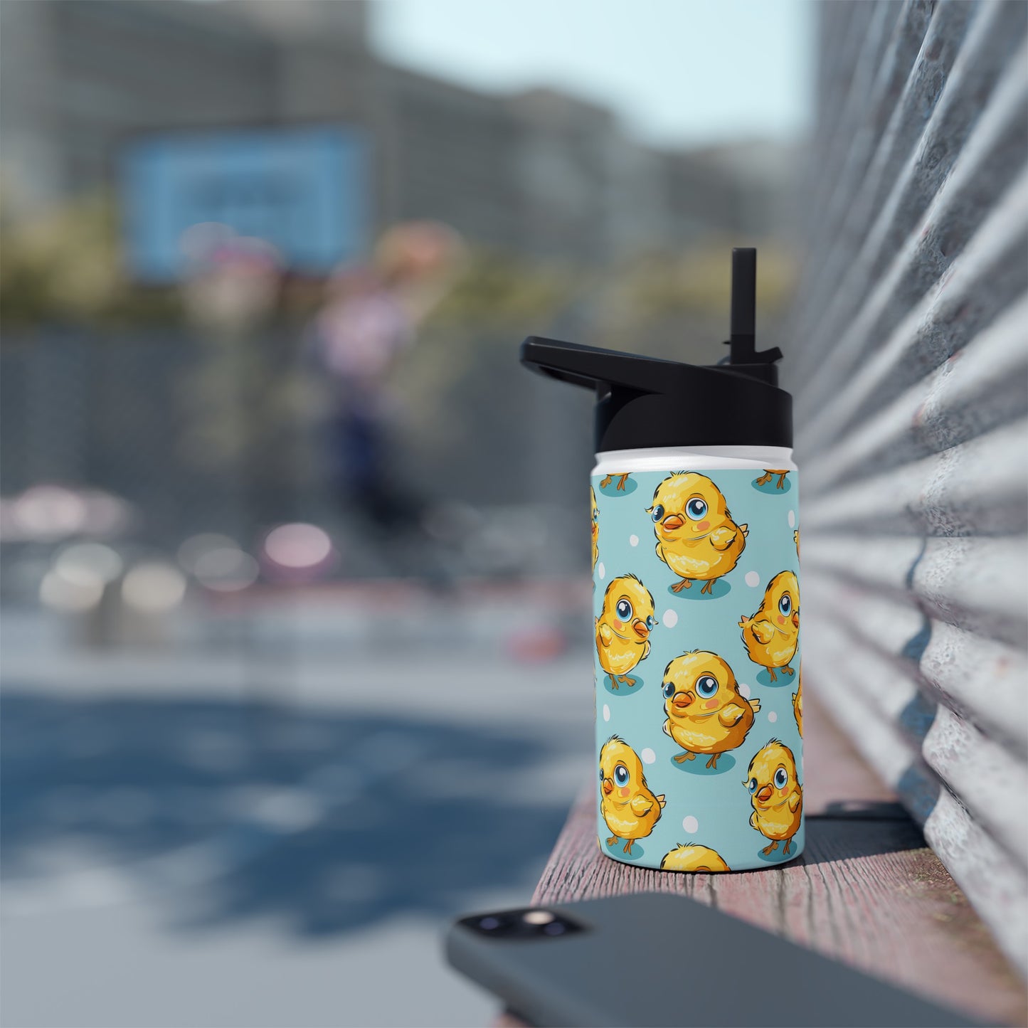 Insulated Water Bottle, 12oz, Cute Baby Chicks - Double Walled Stainless Steel Thermos, Keeps Drinks Hot or Cold