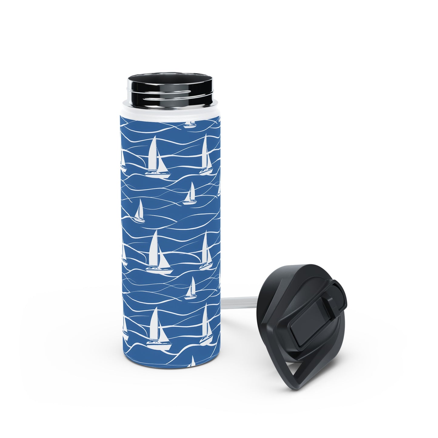 Stainless Steel Water Bottle Thermos, 18oz, Sailboats - Double Wall Insulation Keeps Drinks Hot or Cold