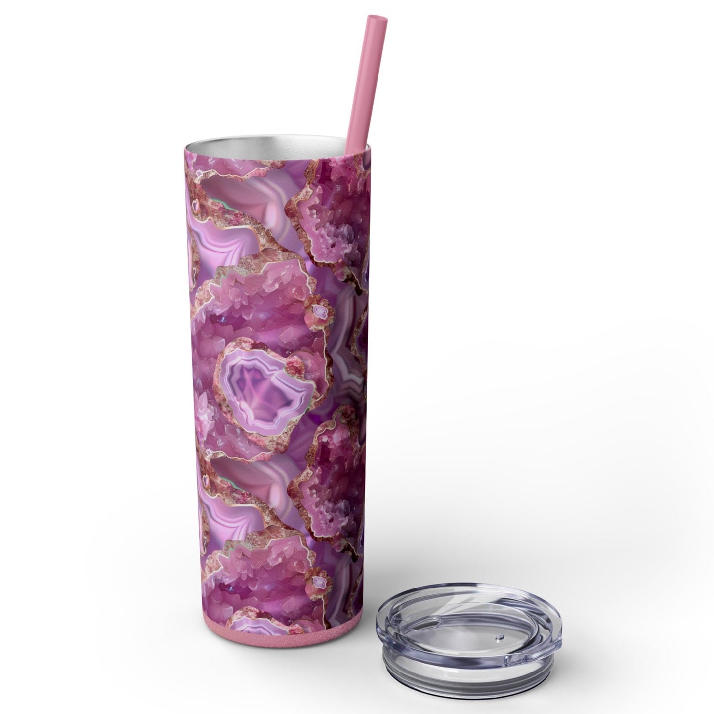 Stainless Steel Tumbler with Lid & Straw, 20 oz, Pink Quartz Geode - Double-walled, Keeps Drinks Hot or Cold