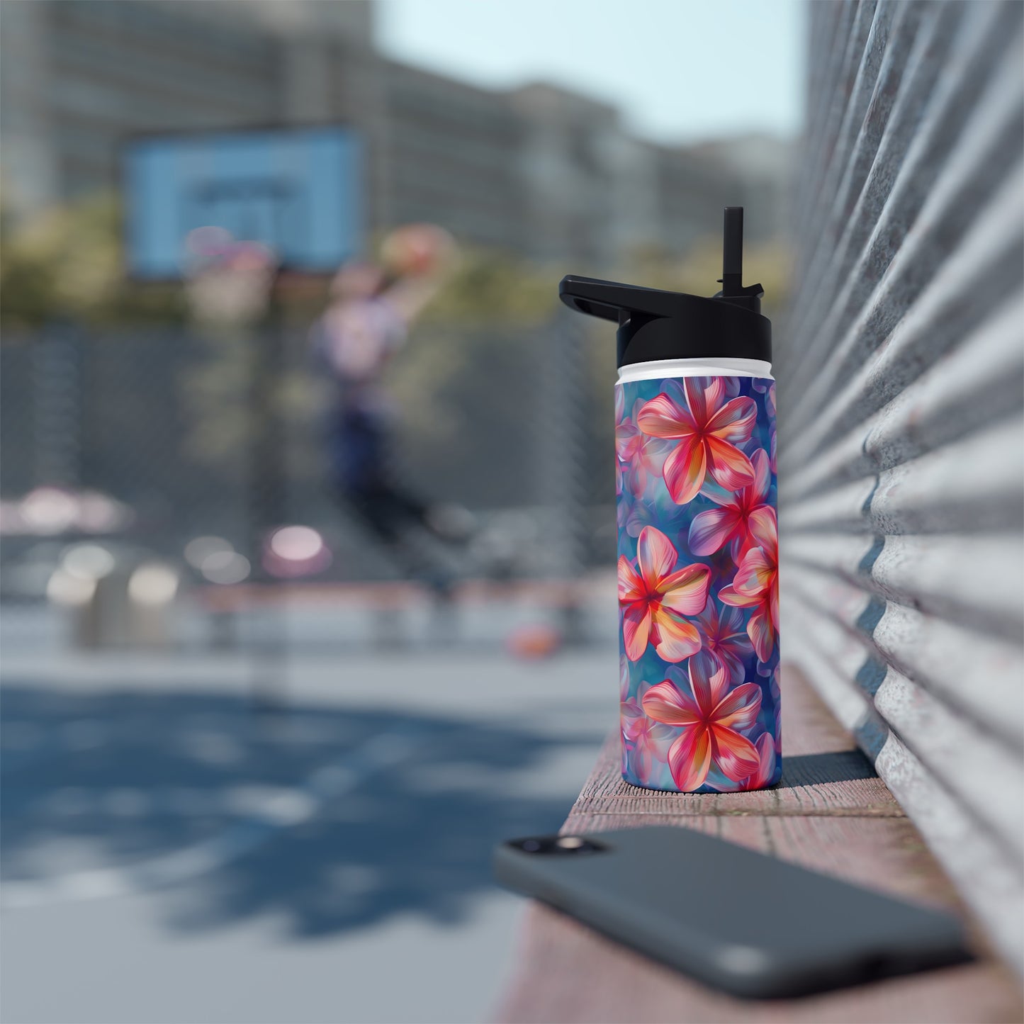 Stainless Steel Water Bottle Thermos, 18oz, Pink Plumeria - Double Wall Insulation Keeps Drinks Hot or Cold