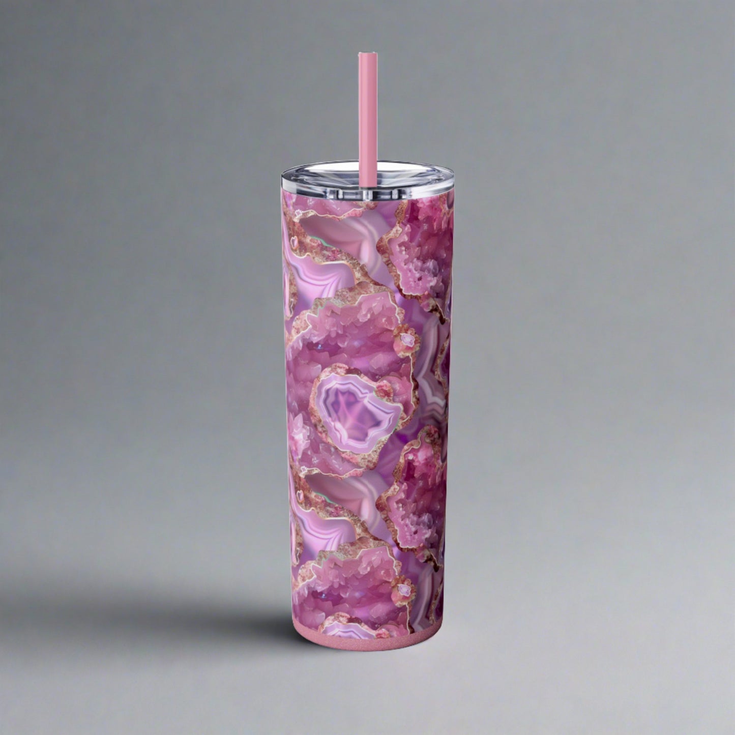 Stainless Steel Tumbler with Lid & Straw, 20 oz, Pink Quartz Geode - Double-walled, Keeps Drinks Hot or Cold