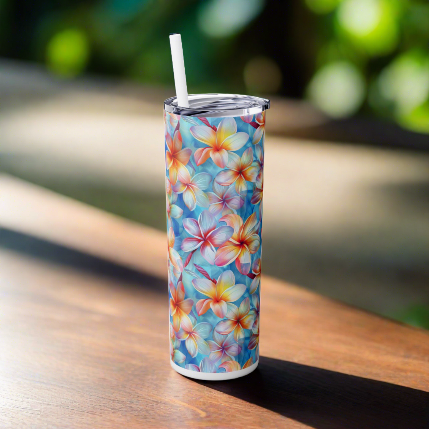 Stainless Steel Tumbler with Lid & Straw, 20 oz (Plumeria Liberty Print) Double-walled, Keeps Drinks Hot or Cold