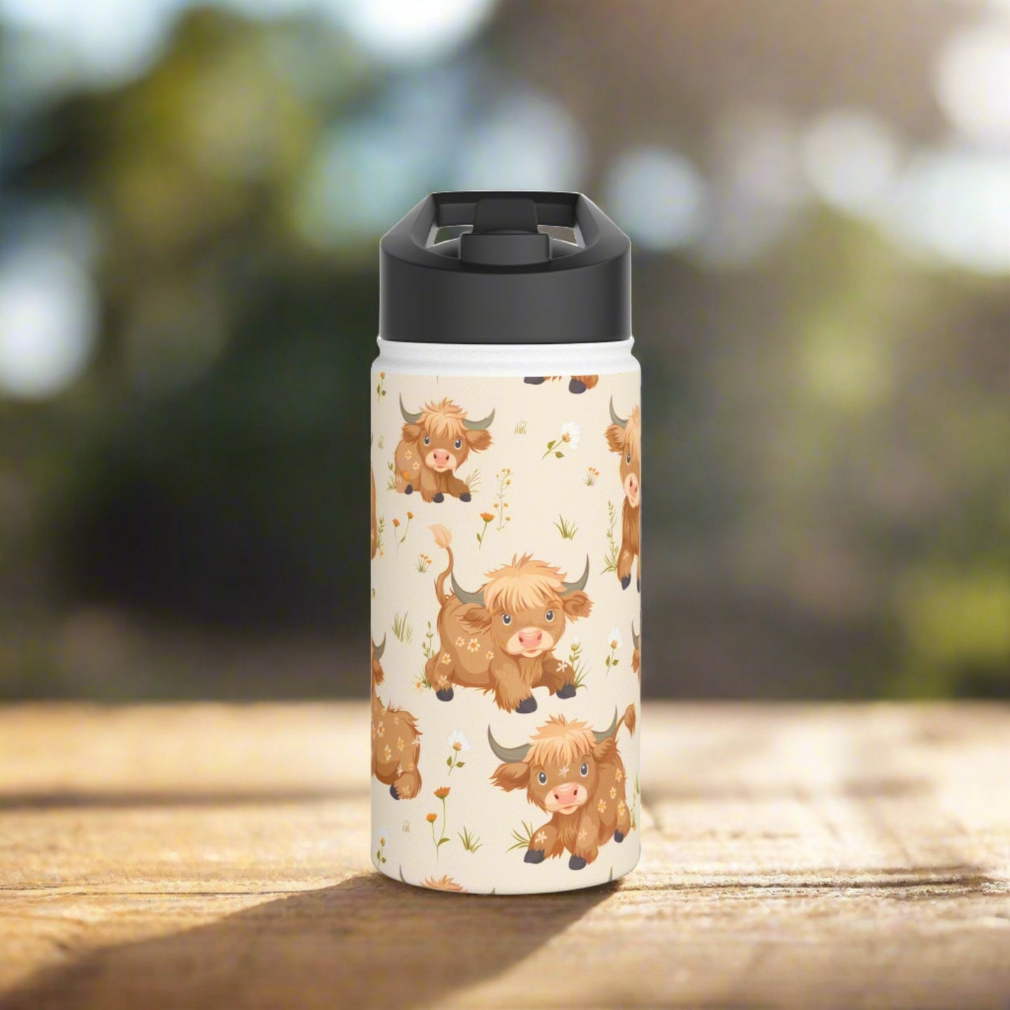 Insulated Water Bottle, 12oz, Cute Highland Cow - Double Walled Stainless Steel Thermos, Keeps Drinks Hot or Cold