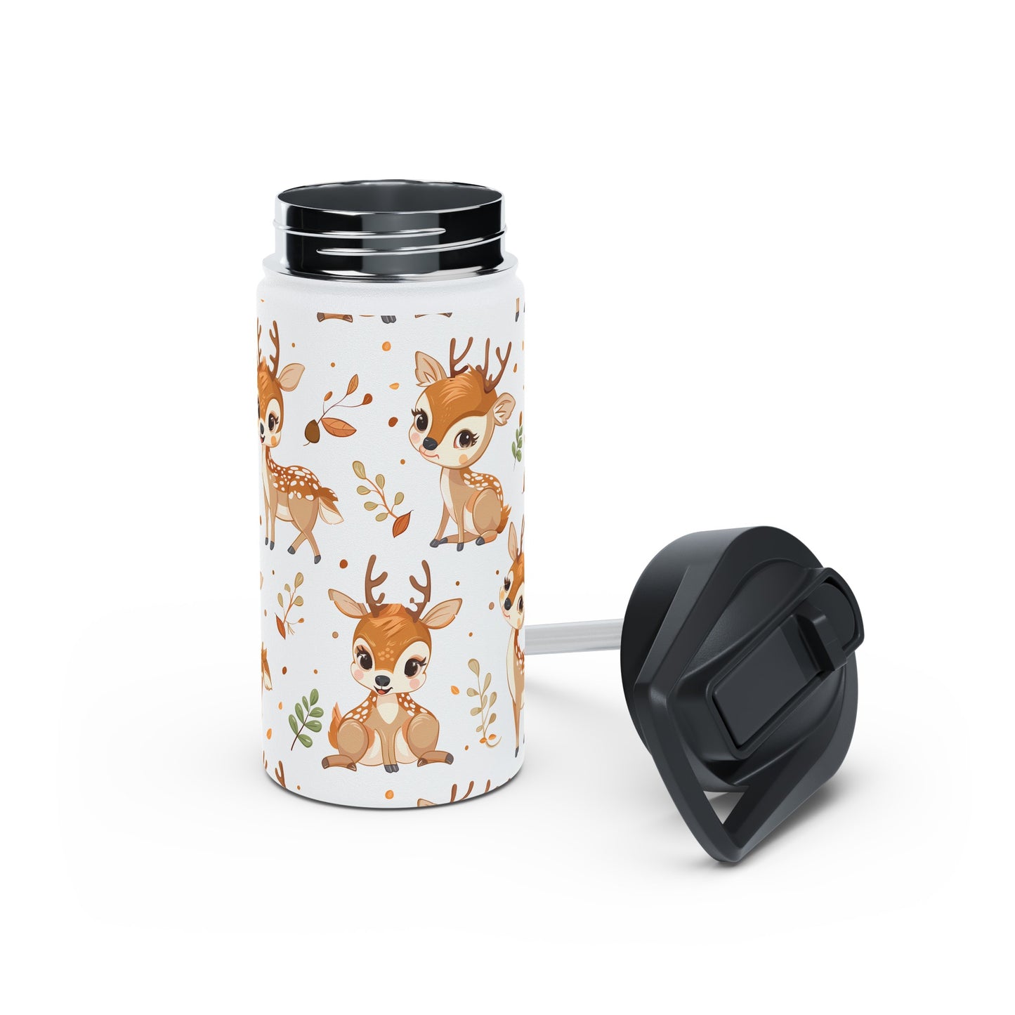 Insulated Water Bottle, 12oz, Cute Baby Deer - Double Walled Stainless Steel Thermos, Keeps Drinks Hot or Cold