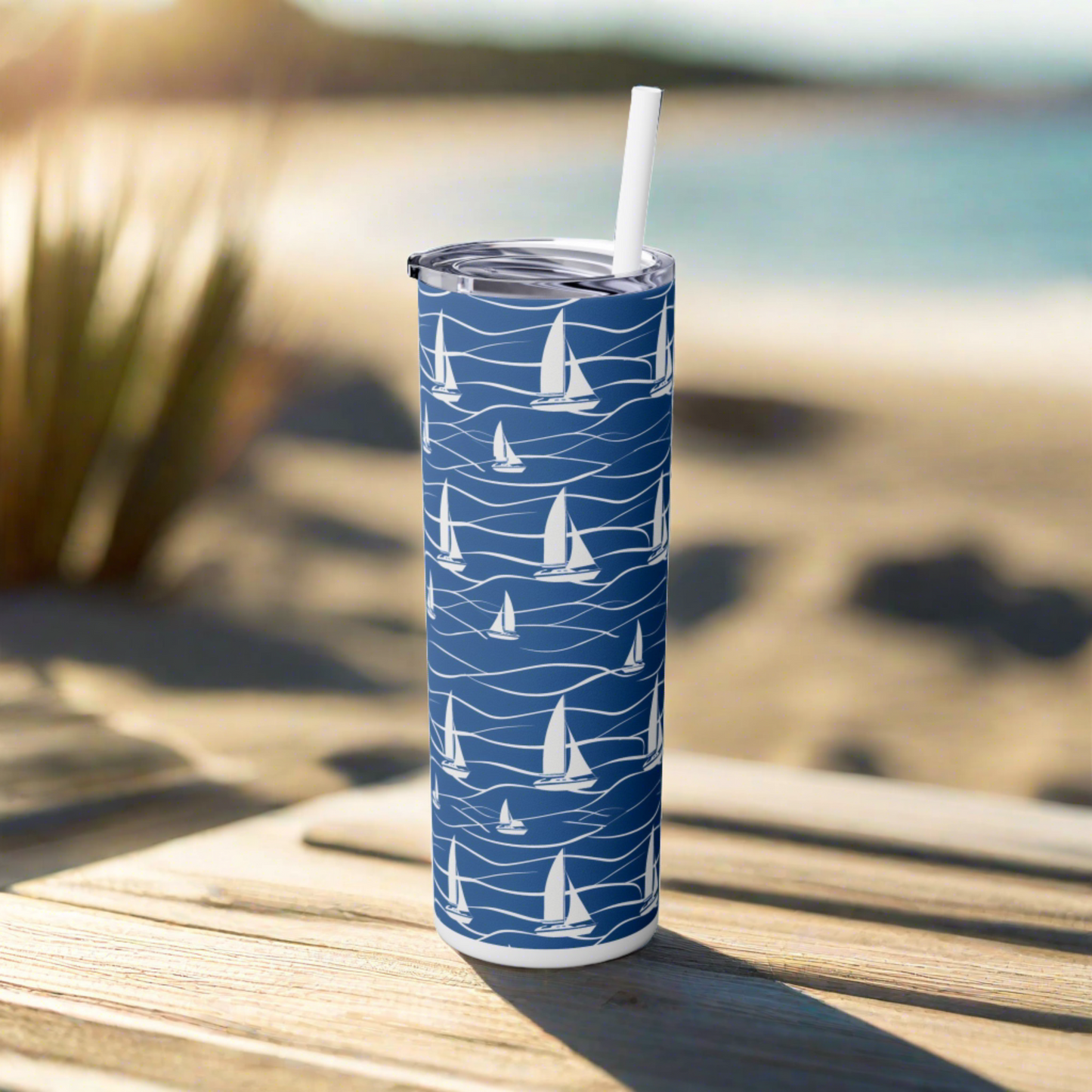 Stainless Steel Tumbler with Lid & Straw, 20 oz (Nautical Sailboats) Double-walled, Keeps Drinks Hot or Cold