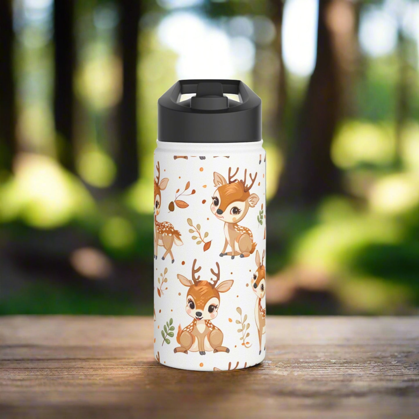Insulated Water Bottle, 12oz, Cute Baby Deer - Double Walled Stainless Steel Thermos, Keeps Drinks Hot or Cold