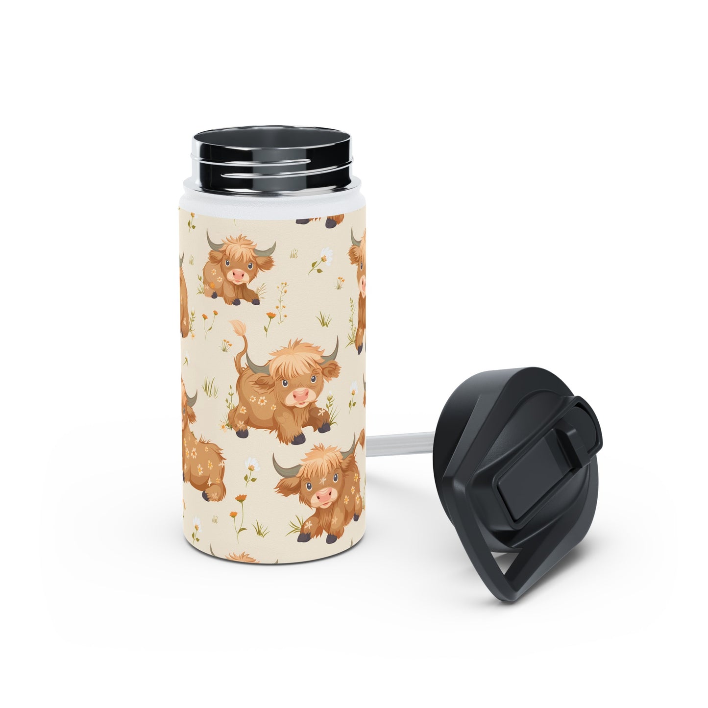 Insulated Water Bottle, 12oz, Cute Highland Cow - Double Walled Stainless Steel Thermos, Keeps Drinks Hot or Cold