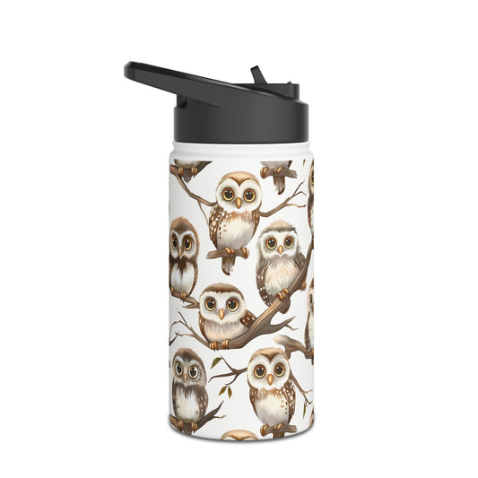 Insulated Water Bottle, 12oz, Cute Owlets - Double Walled Stainless Steel Thermos, Keeps Drinks Hot or Cold