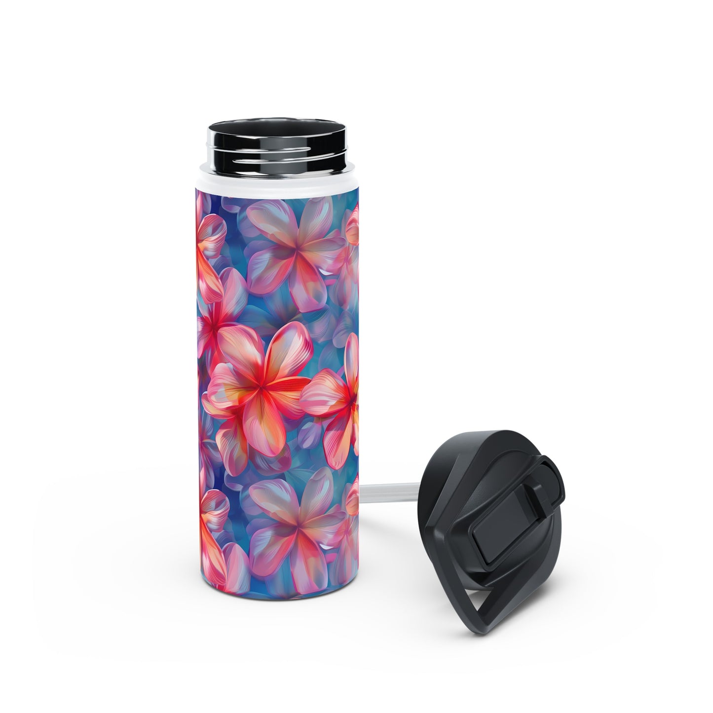 Stainless Steel Water Bottle Thermos, 18oz, Pink Plumeria - Double Wall Insulation Keeps Drinks Hot or Cold