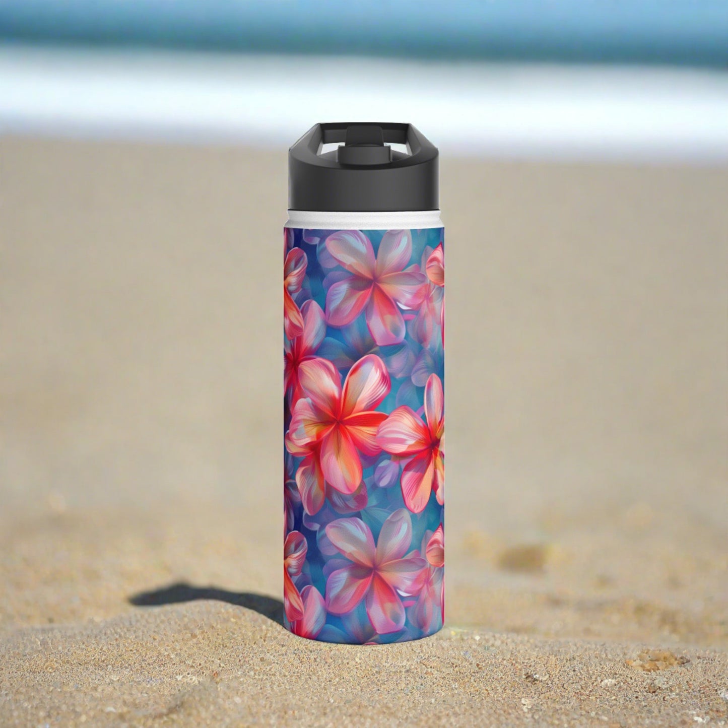 Stainless Steel Water Bottle Thermos, 18oz, Pink Plumeria - Double Wall Insulation Keeps Drinks Hot or Cold