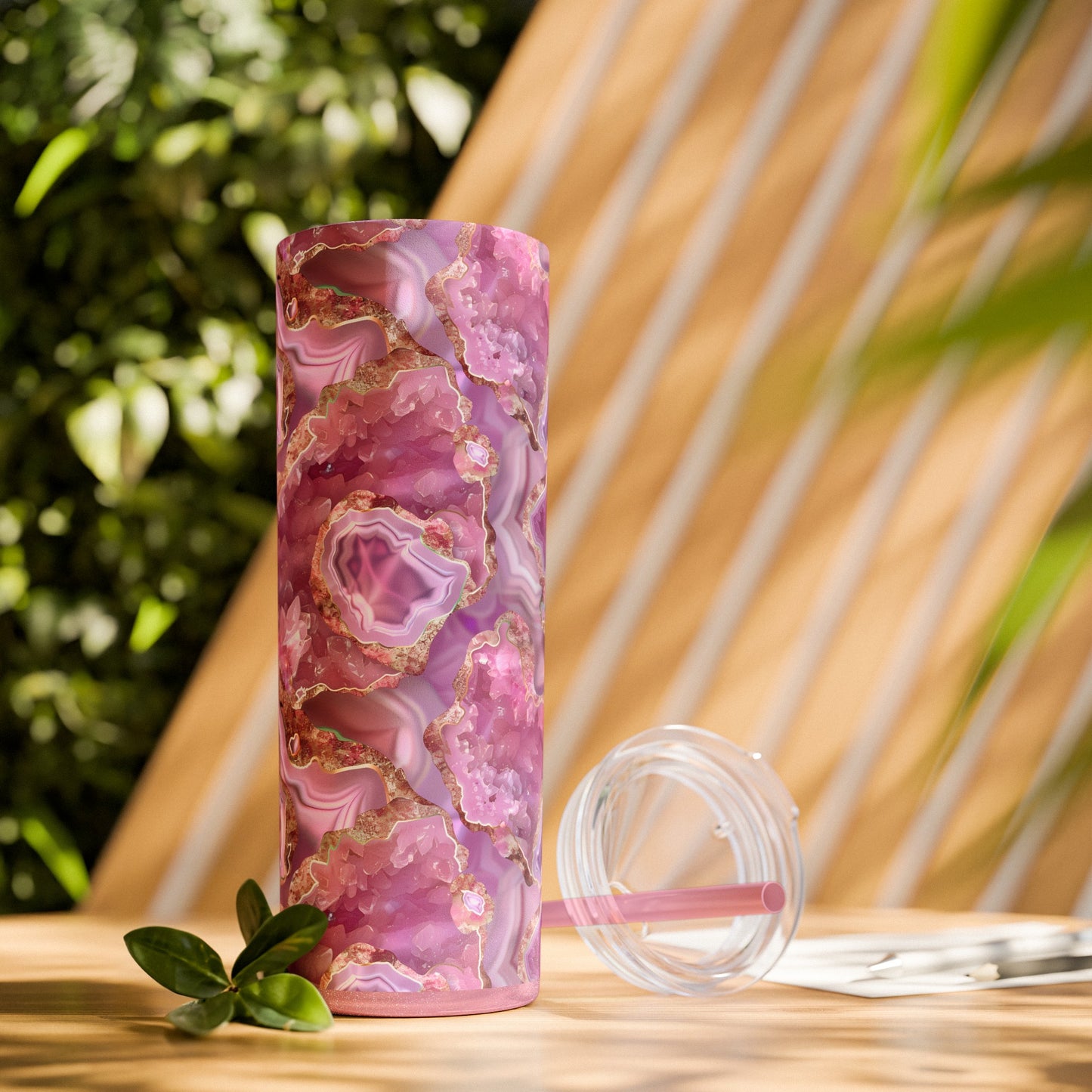 Stainless Steel Tumbler with Lid & Straw, 20 oz, Pink Quartz Geode - Double-walled, Keeps Drinks Hot or Cold