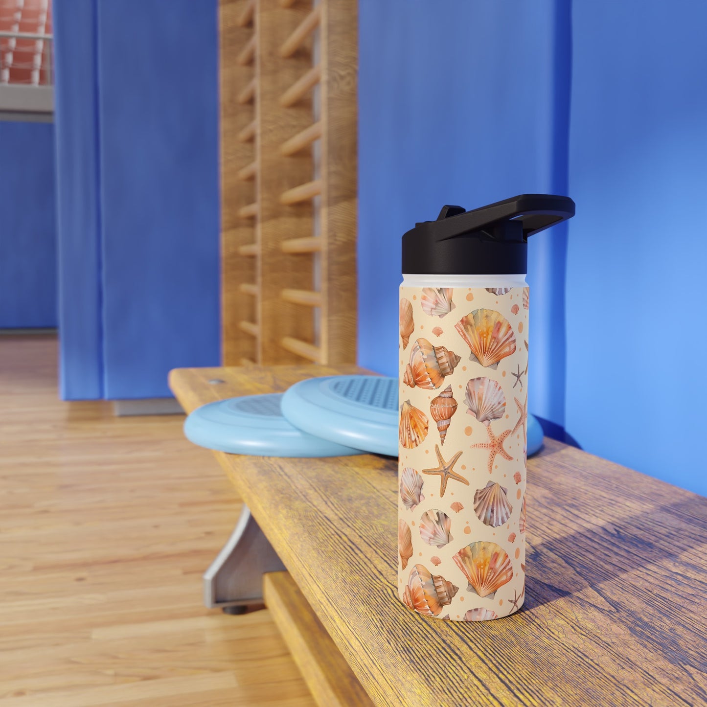 Stainless Steel Water Bottle Thermos, 18oz, Sand Seashells Starfish - Double Wall Insulation Keeps Drinks Hot or Cold