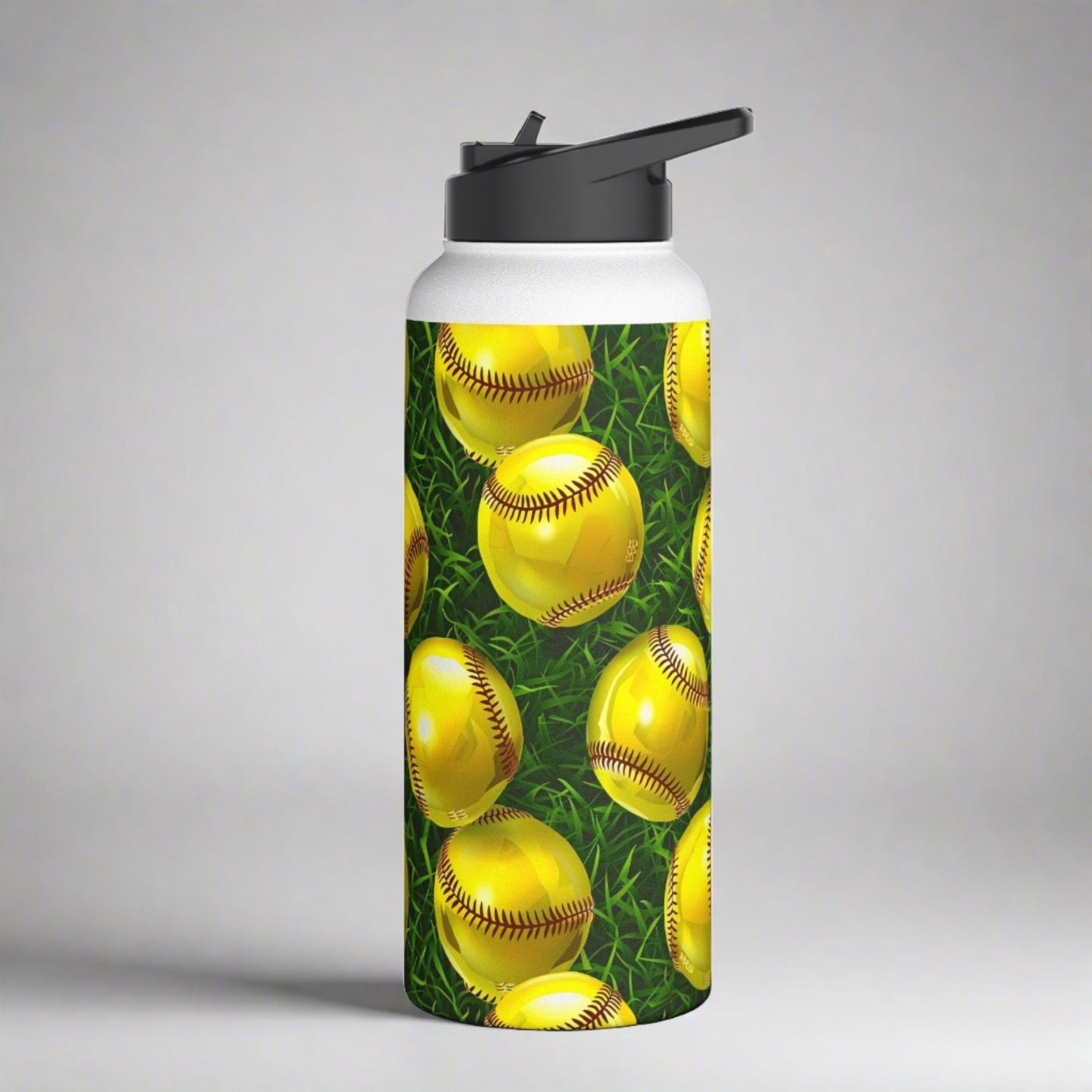 Stainless Steel Water Bottle Thermos, 32oz, 3D Softball - Double Wall Insulation Keeps Drinks Hot or Cold