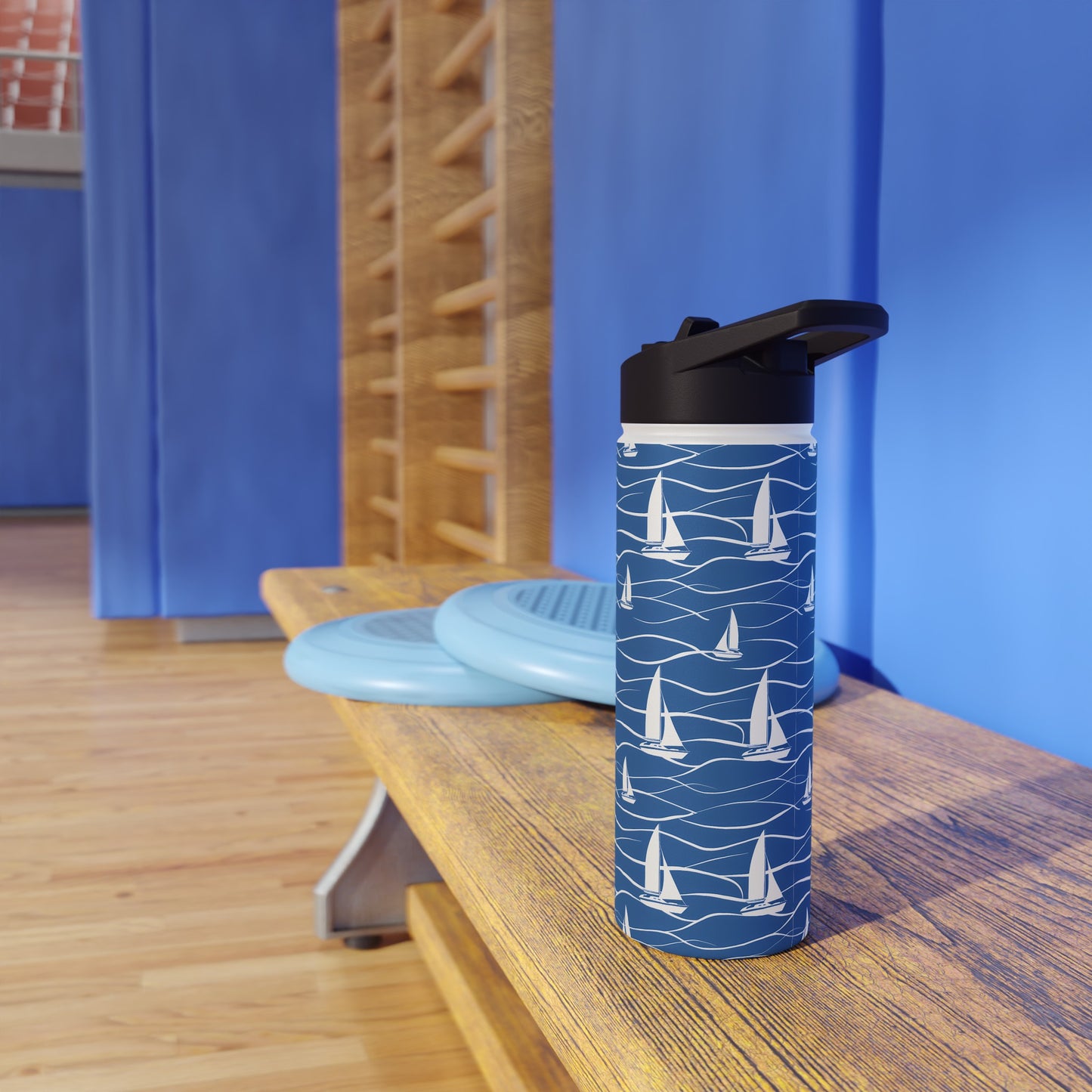 Stainless Steel Water Bottle Thermos, 18oz, Sailboats - Double Wall Insulation Keeps Drinks Hot or Cold