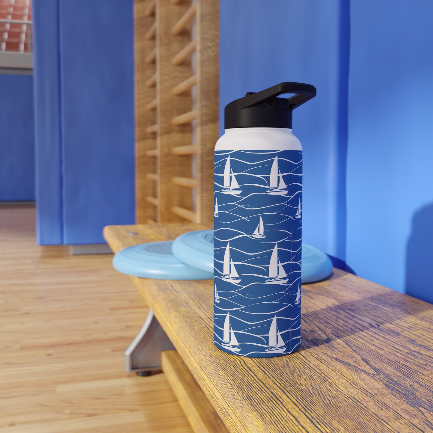 Stainless Steel Water Bottle Thermos, 32oz, Sailboats - Double Wall Insulation Keeps Drinks Hot or Cold