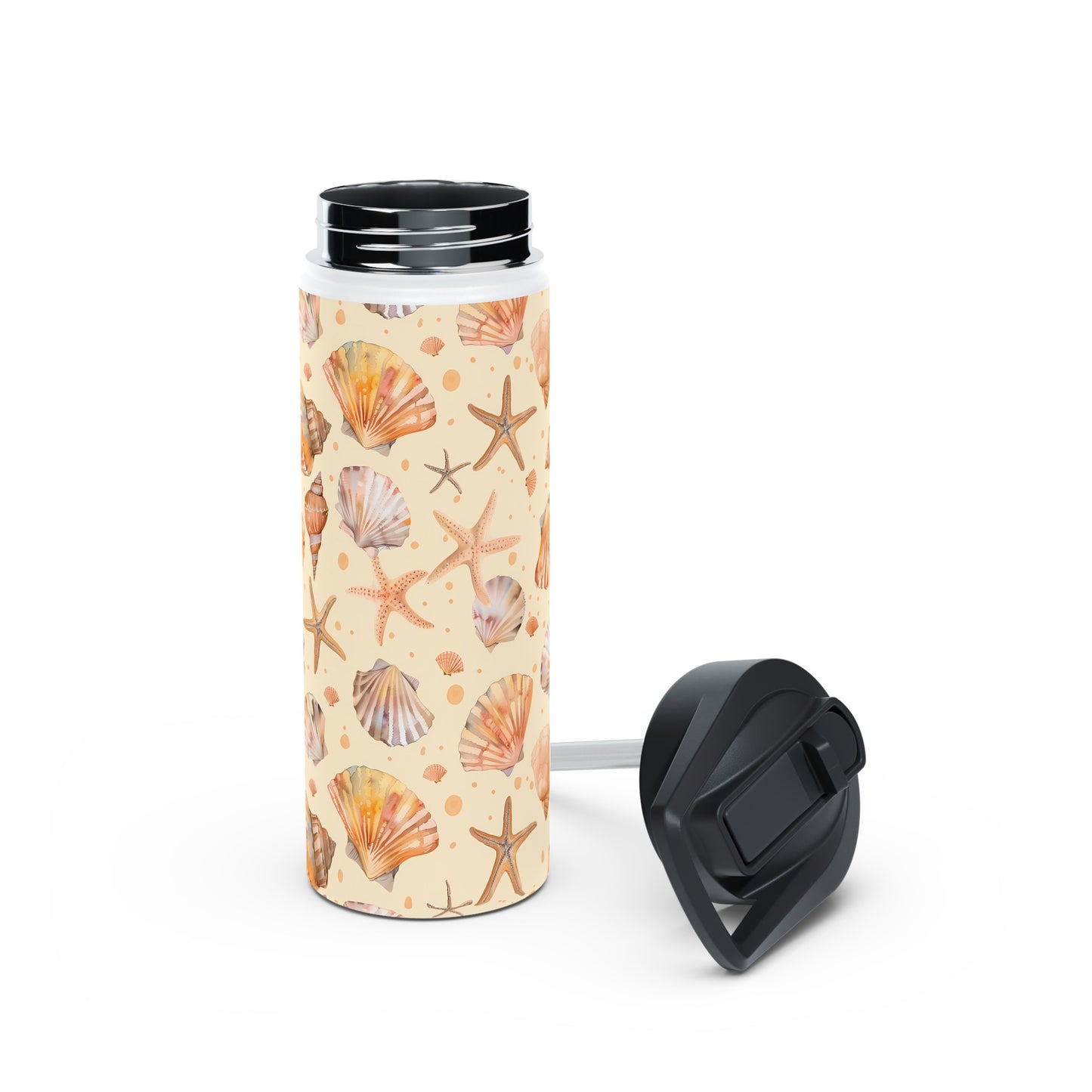 Stainless Steel Water Bottle Thermos, 18oz, Sand Seashells Starfish - Double Wall Insulation Keeps Drinks Hot or Cold
