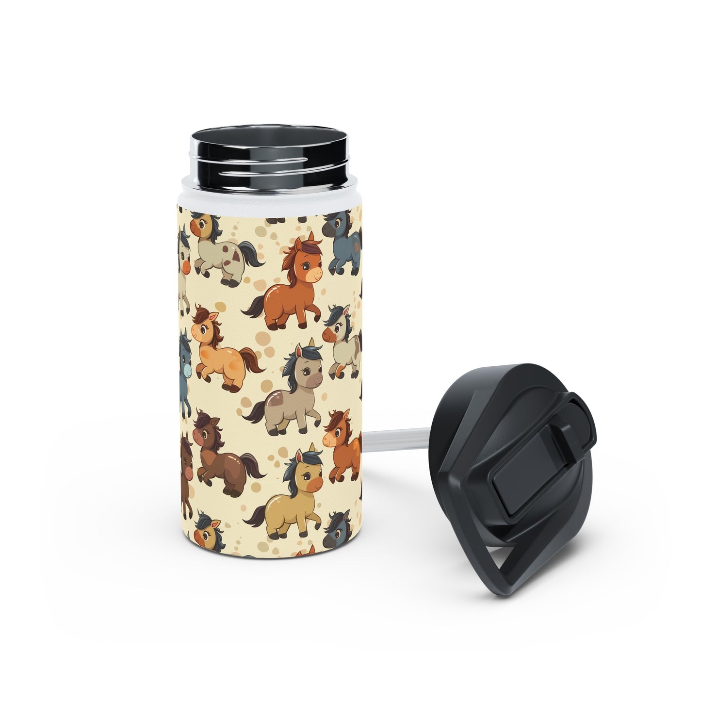 Insulated Water Bottle, 12oz, Cute Baby Horses - Double Walled Stainless Steel Thermos, Keeps Drinks Hot or Cold