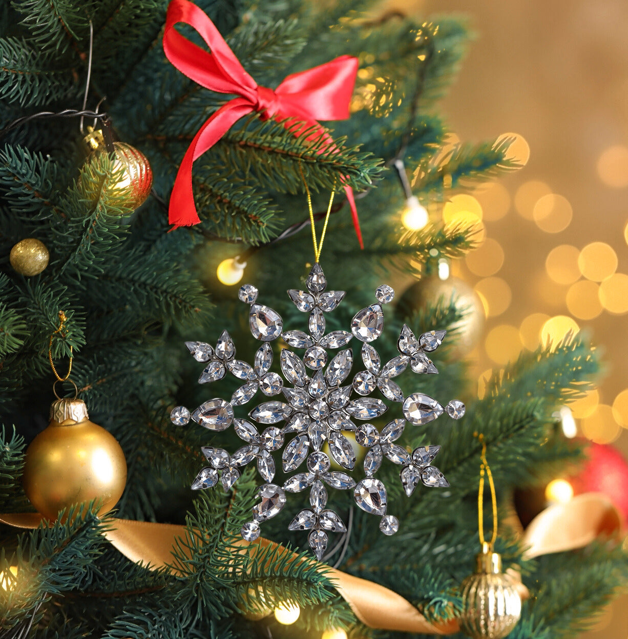 Set of 3 Jeweled Rhinestone Snowflake Ornaments (5.5" Radiant Light Design) - Perfect for Christmas Tree, Hanging Holiday Decoration, Gifts & Decor