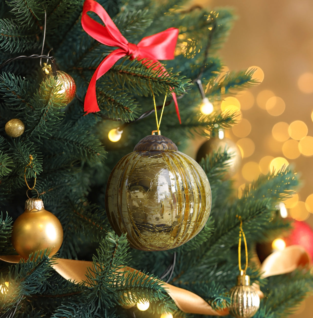 Set of 4 Gold Mercury Glass Ornaments (3.15 Inch Grooved Crackle Ball) - Perfect for Christmas Tree, Hanging Holiday Decoration, Gifts & Home Decor - WillBrite.com - Gifts & Décor that Make People Happy