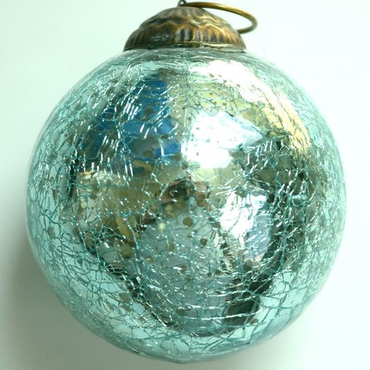 Set of 4 Crystal Light Blue Mercury Glass Ornaments (3.15 Inch Vintage Crackled Ball) - Perfect for Christmas Tree, Hanging Holiday Decoration, Gifts & Home Decor