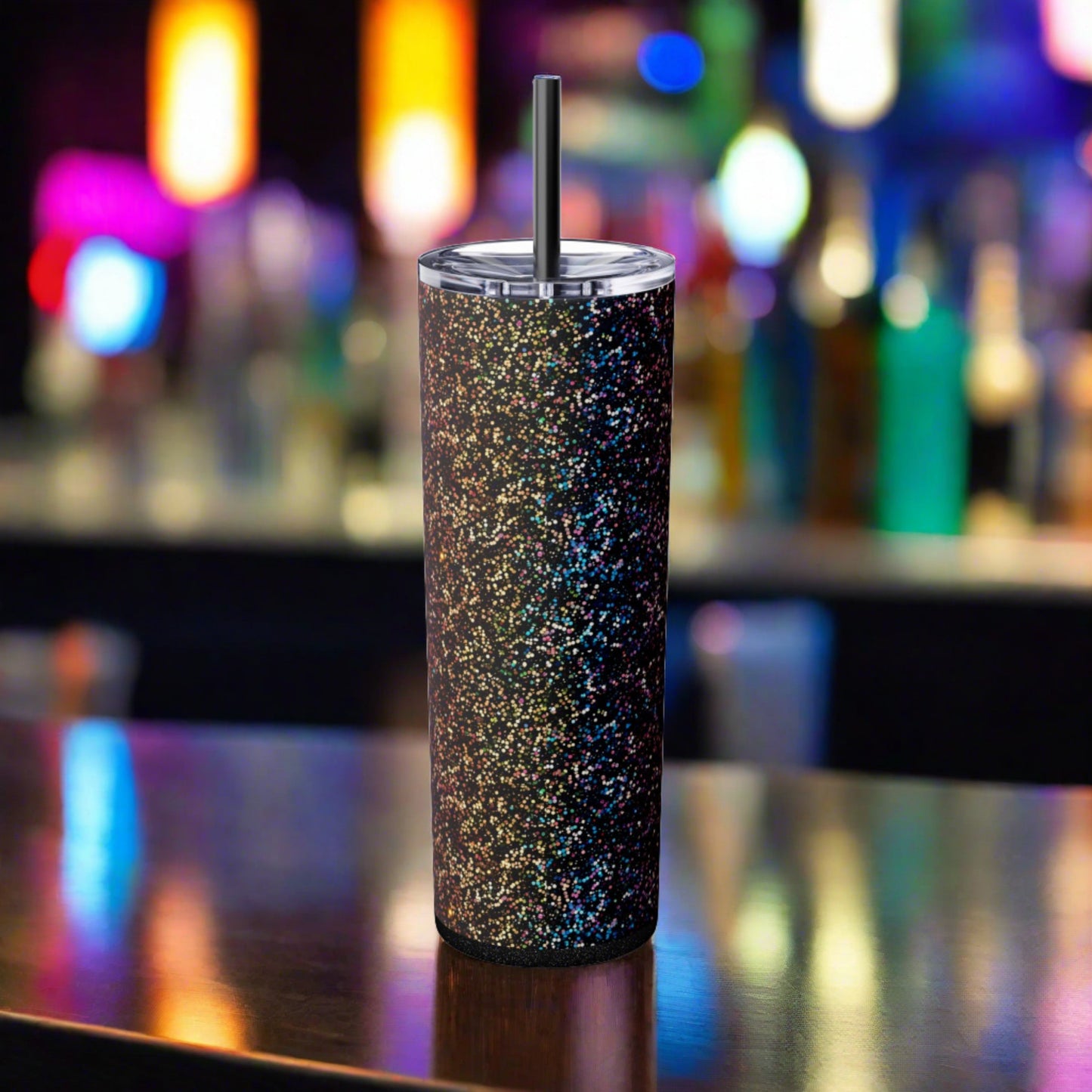 Stainless Steel Tumbler with Lid & Straw, 20 oz, Dark Rainbow Glitter  - Double-walled, Keeps Drinks Hot or Cold