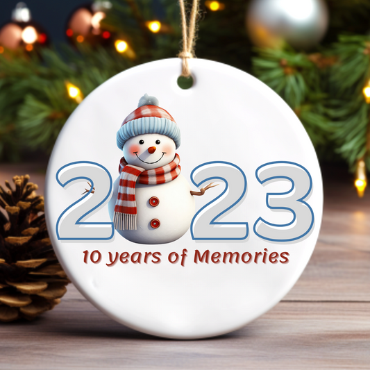 10th Anniversary Christmas Ornament, 2023 Keepsake, Snowman Design