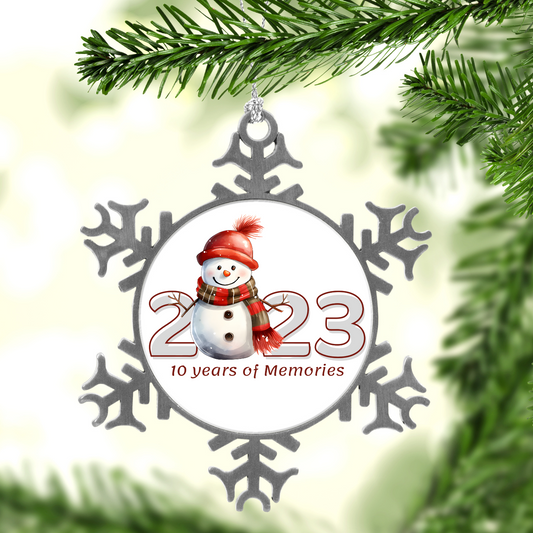 10th Anniversary Snowflake Ornament, 2023 Keepsake Christmas Ornament, Snowman