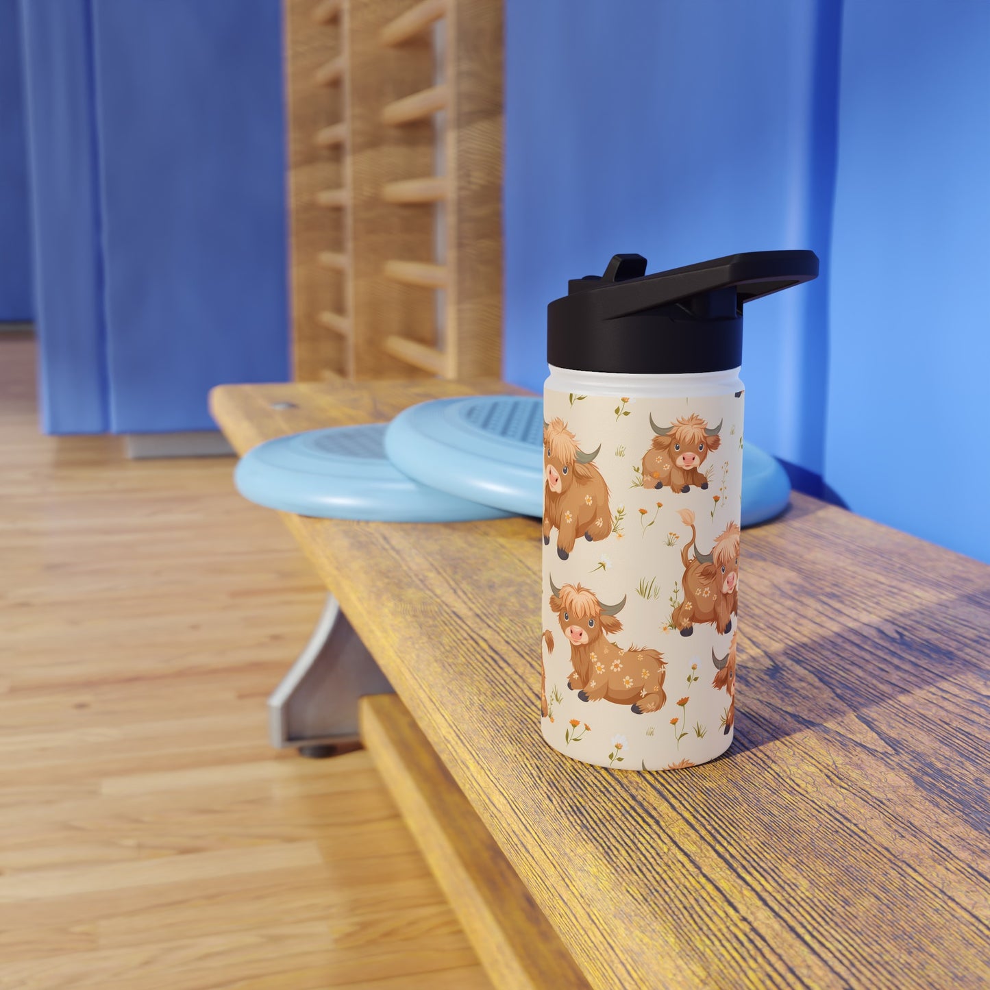 Insulated Water Bottle, 12oz, Cute Highland Cow - Double Walled Stainless Steel Thermos, Keeps Drinks Hot or Cold