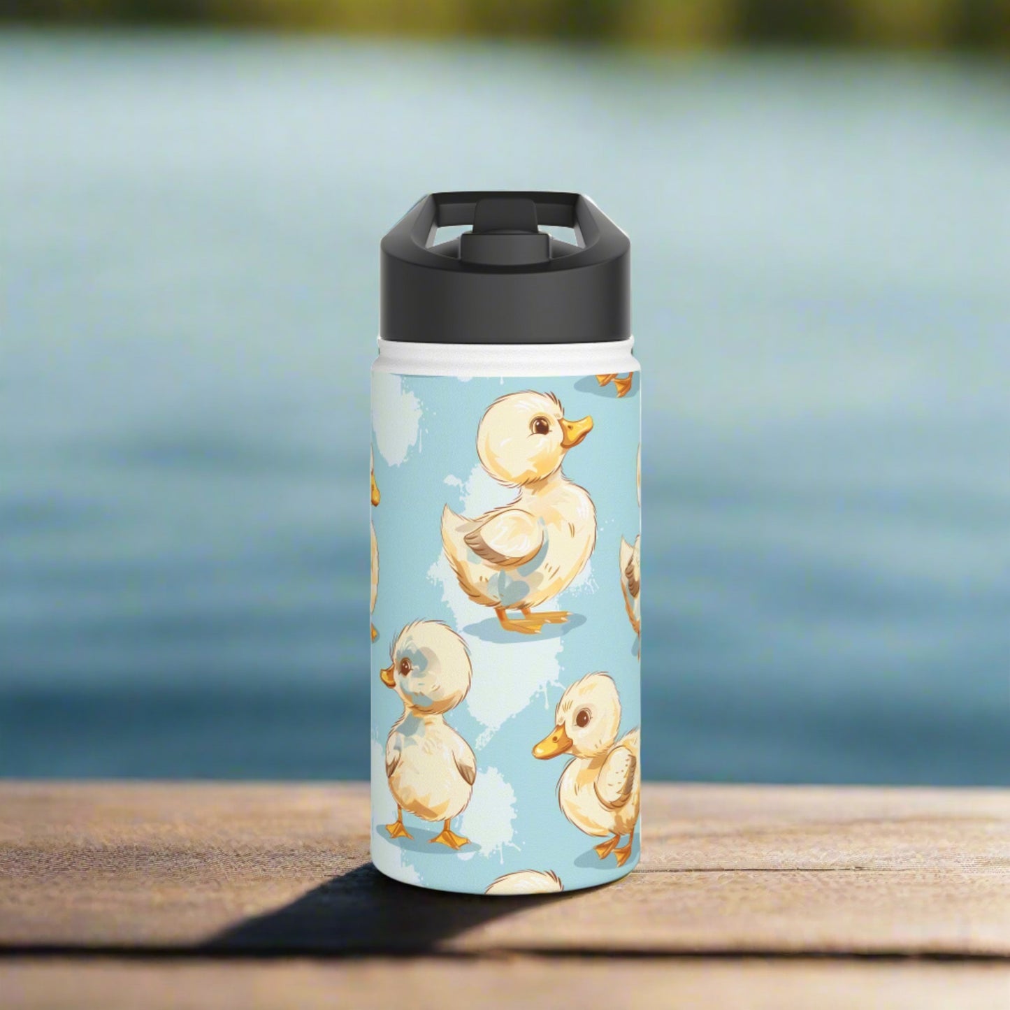 Insulated Water Bottle, 12oz, Cute Baby Ducklings - Double Walled Stainless Steel Thermos, Keeps Drinks Hot or Cold