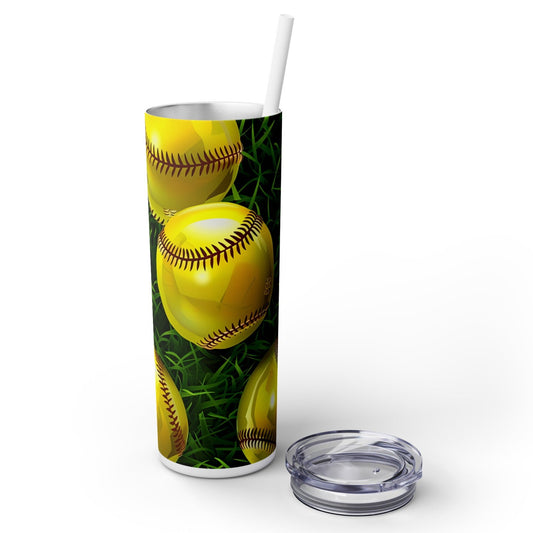 Stainless Steel Tumbler with Lid & Straw, 20 oz, 3D Softballs - Double-walled, Keeps Drinks Hot or Cold