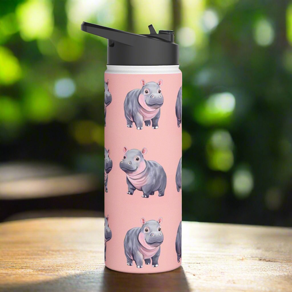 Insulated Water Bottle, 18oz, Cute Baby Pygmy Hippos - Double Walled Stainless Steel, Keeps Drinks Hot or Cold