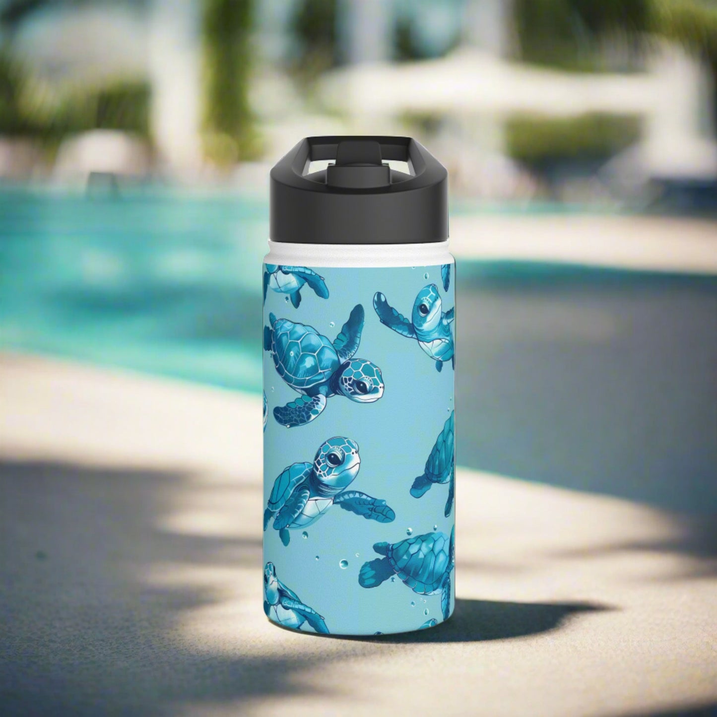 Insulated Water Bottle, 12oz, Cute Baby Sea Turtles - Double Walled Stainless Steel Thermos, Keeps Drinks Hot or Cold