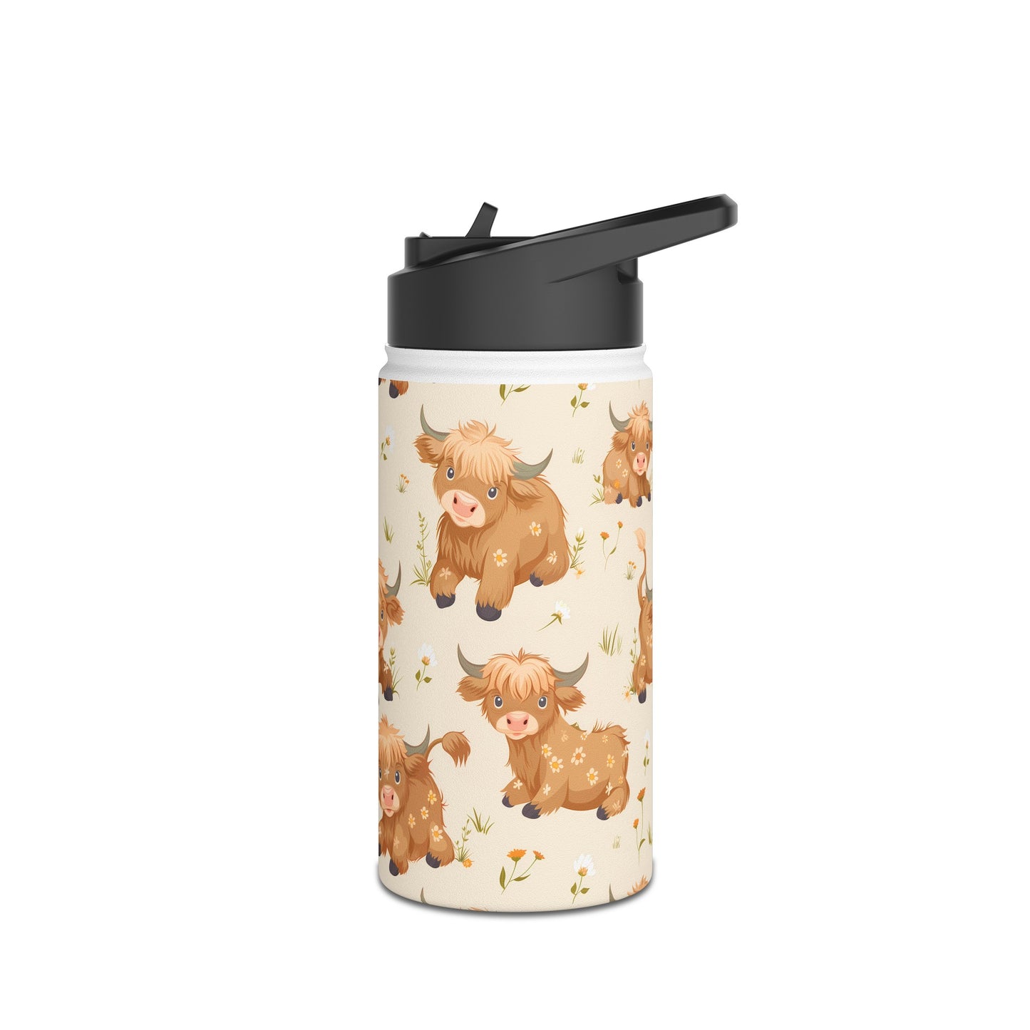 Insulated Water Bottle, 12oz, Cute Highland Cow - Double Walled Stainless Steel Thermos, Keeps Drinks Hot or Cold