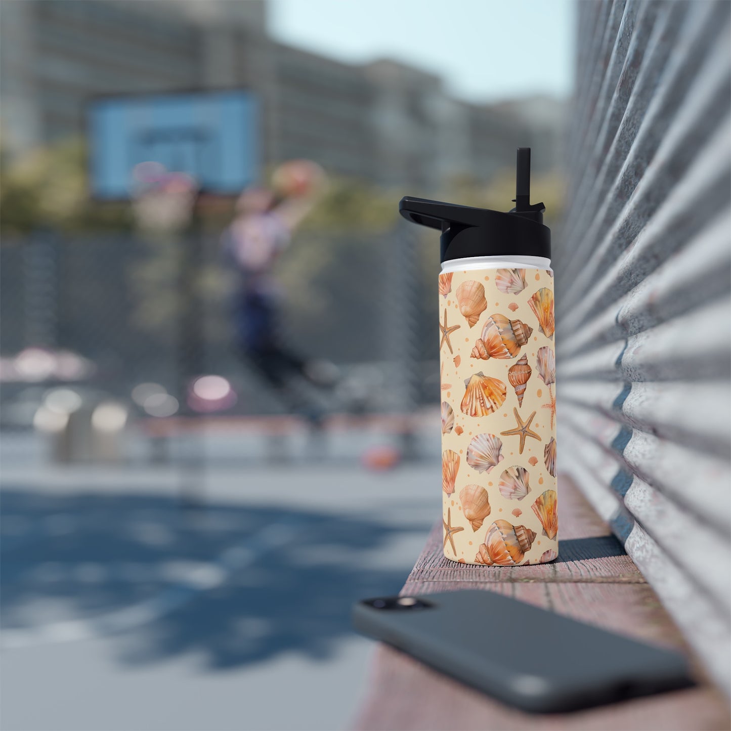 Stainless Steel Water Bottle Thermos, 18oz, Sand Seashells Starfish - Double Wall Insulation Keeps Drinks Hot or Cold