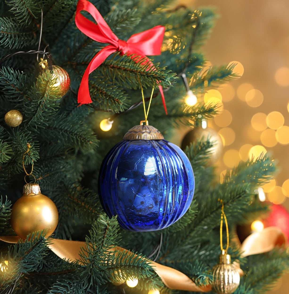 Set of 4 Blue Mercury Glass Ornaments (3.15 Inch Grooved Crackle Ball) - Perfect for Christmas Tree, Hanging Holiday Decoration, Gifts & Home Decor - WillBrite.com - Gifts & Décor that Make People Happy