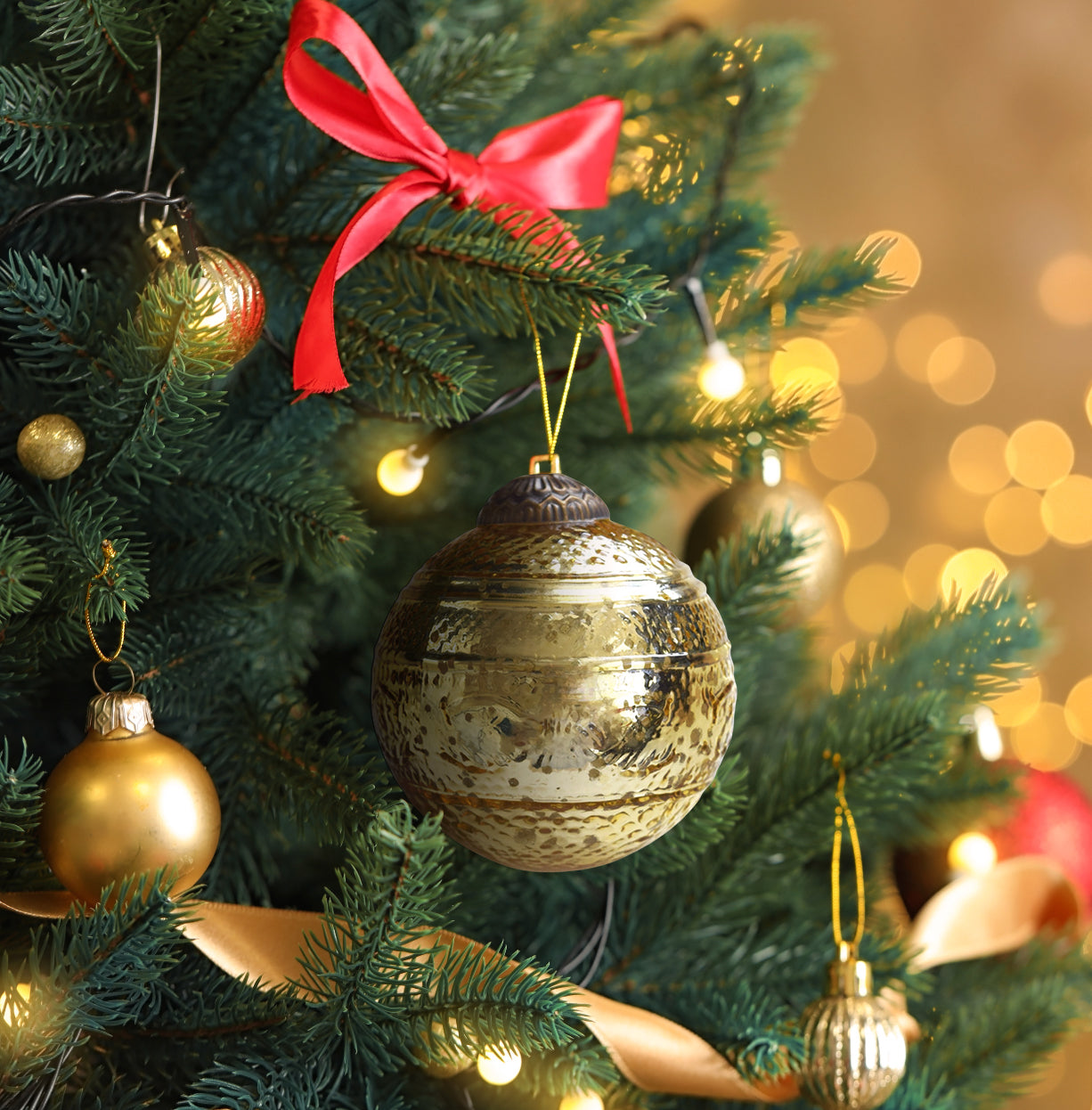 Set of 4 Gold Mercury Glass Ornaments (3.15 Inch Elegant Etched Ball) - Perfect for Christmas Tree, Hanging Holiday Decoration, Gifts & Home Decor - WillBrite.com - Gifts & Décor that Make People Happy
